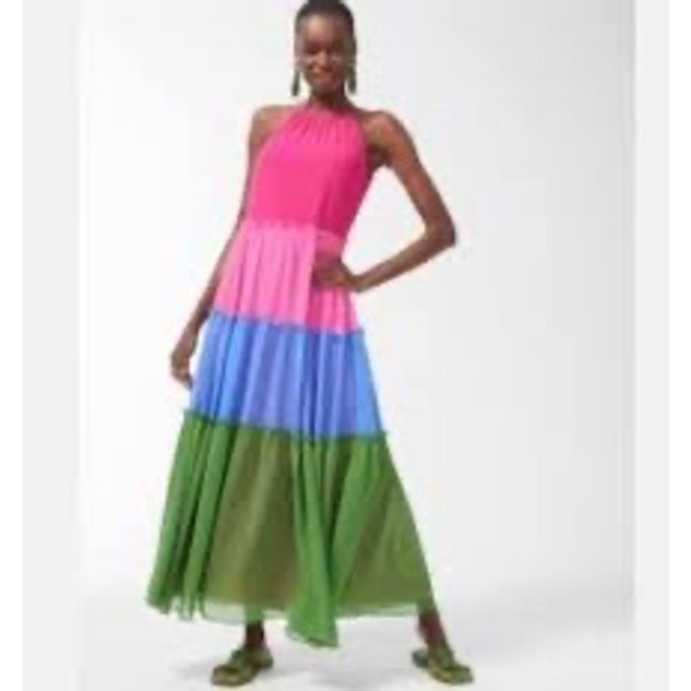 Chico's 1P Maxi Dress Color Block Ruffle Halter Sleeveless Party‎ Dress Petite M - Picture 16 of 16